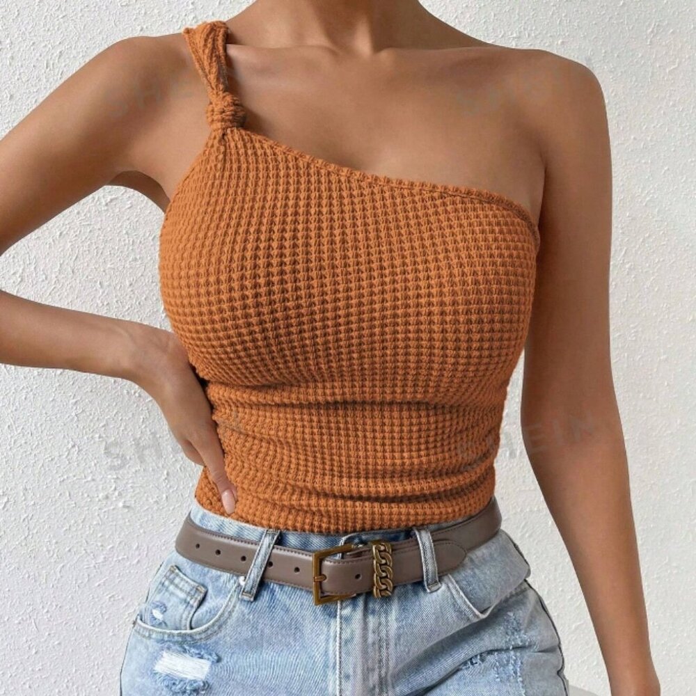SHEIN Privé Solid One Shoulder Knot Detail Waffle Knit Top